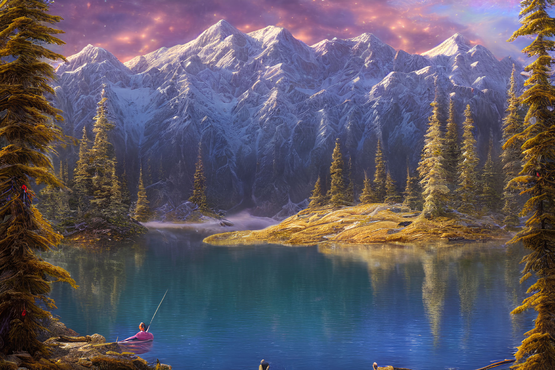 Tranquil lake scene with person fishing, conifer trees, snow-capped mountains