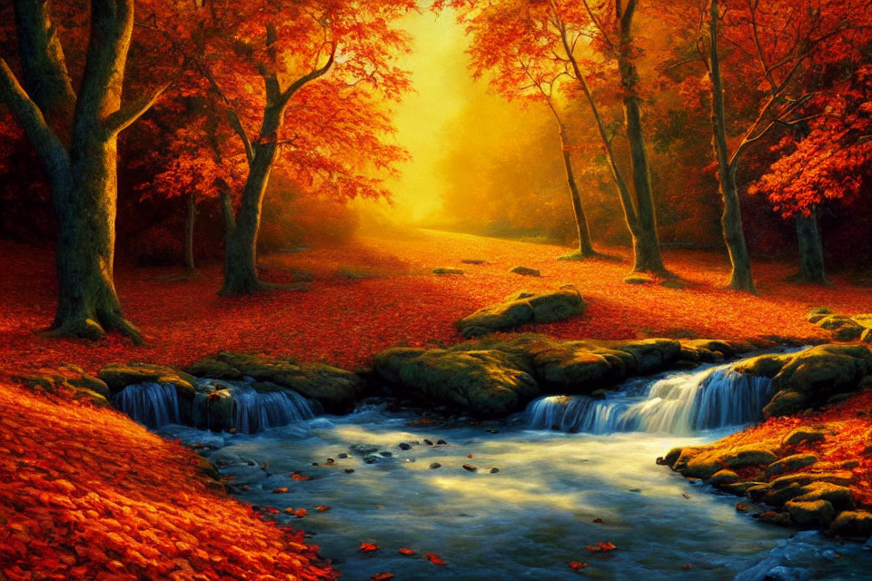 Tranquil autumn landscape with stream, waterfall, and sunlit path