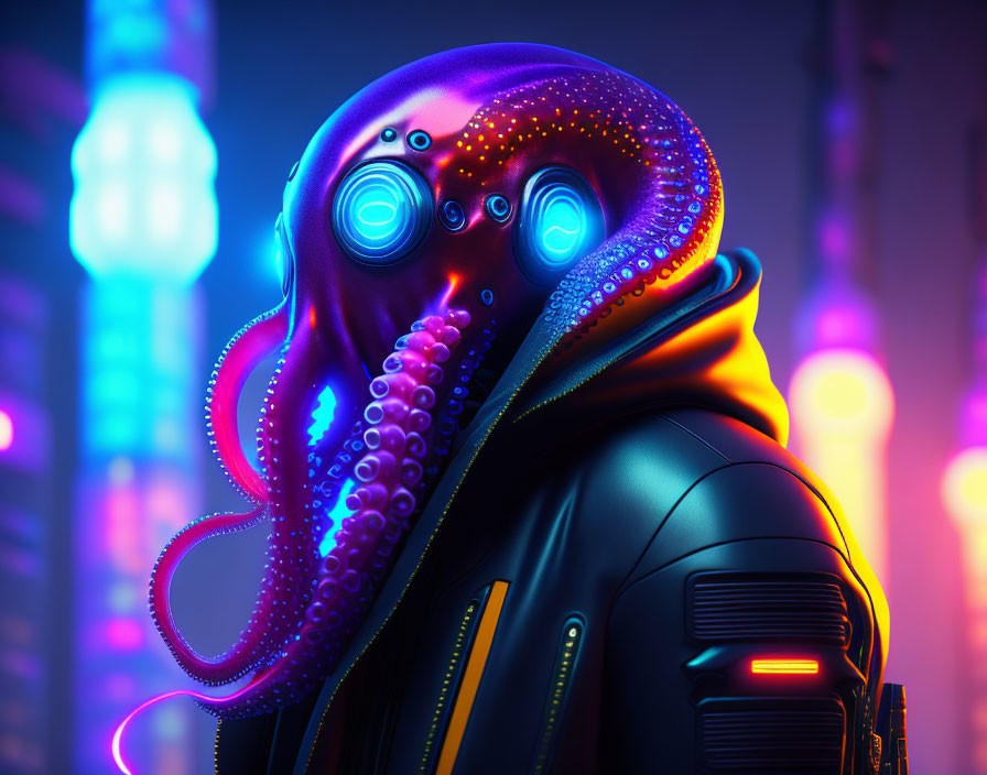 Digital artwork: Octopus-like creature in neon jacket, urban backdrop