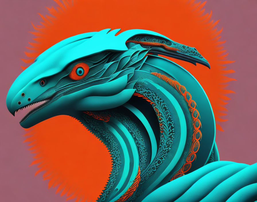 Blue dragon 3D rendering with intricate patterns and orange eyes