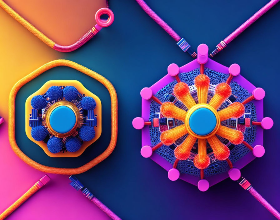 Colorful Abstract 3D Illustration with Neon Tubes and Spheres