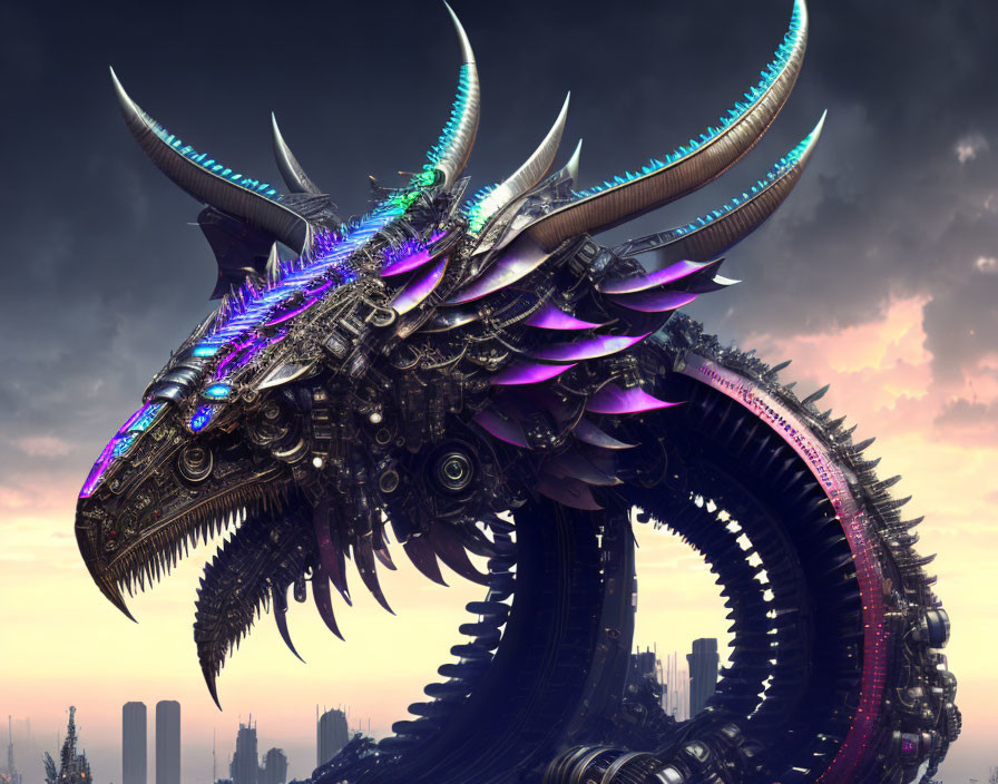 Mechanical dragon with metallic scales and glowing blue accents in city skyline.