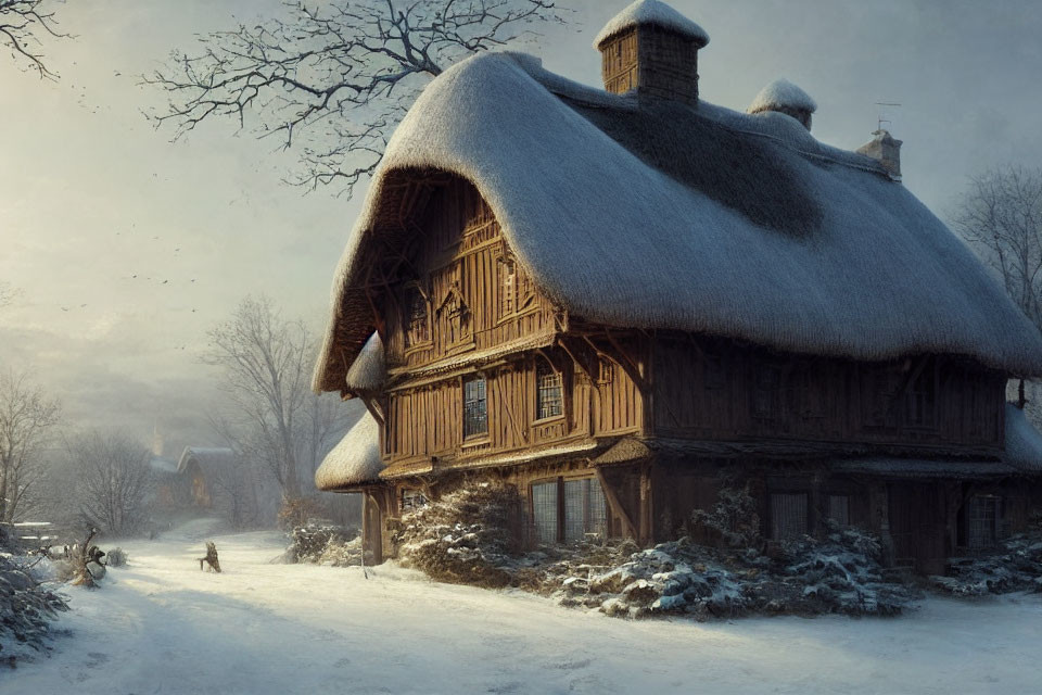 Snowy Landscape: Thatched Cottage at Dusk with Figure