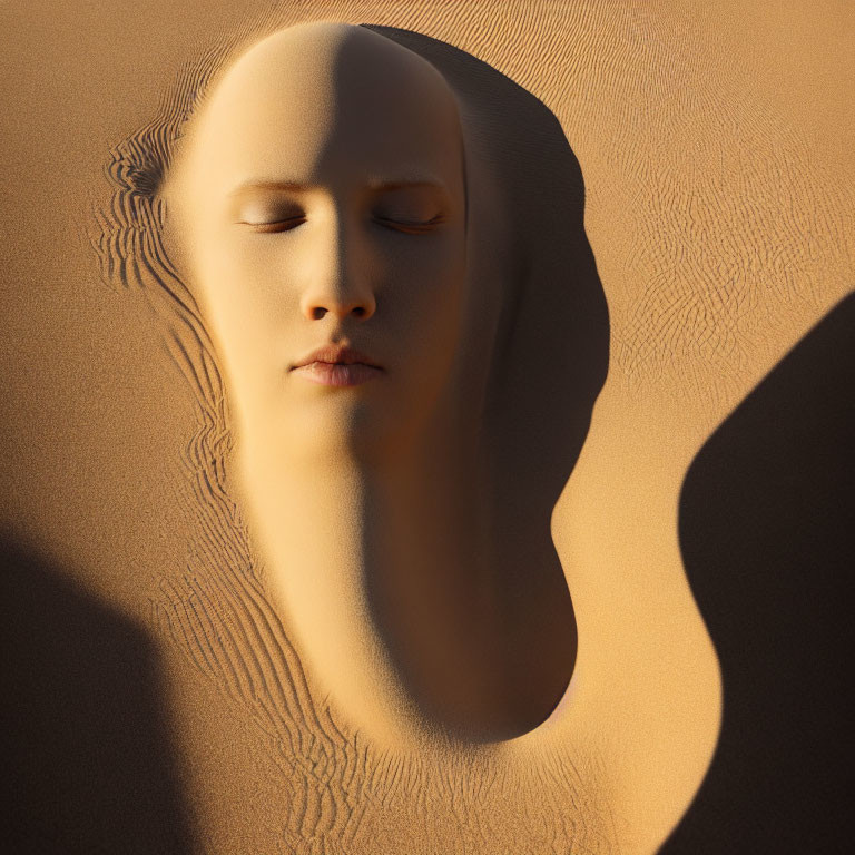 Face emerging from smooth, sand dune-like textures in surreal image