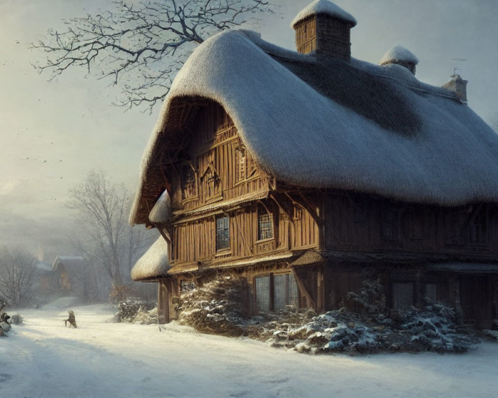 Snowy Landscape: Thatched Cottage at Dusk with Figure