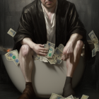 Man in suit sitting in bathtub with scattered money under overhead light