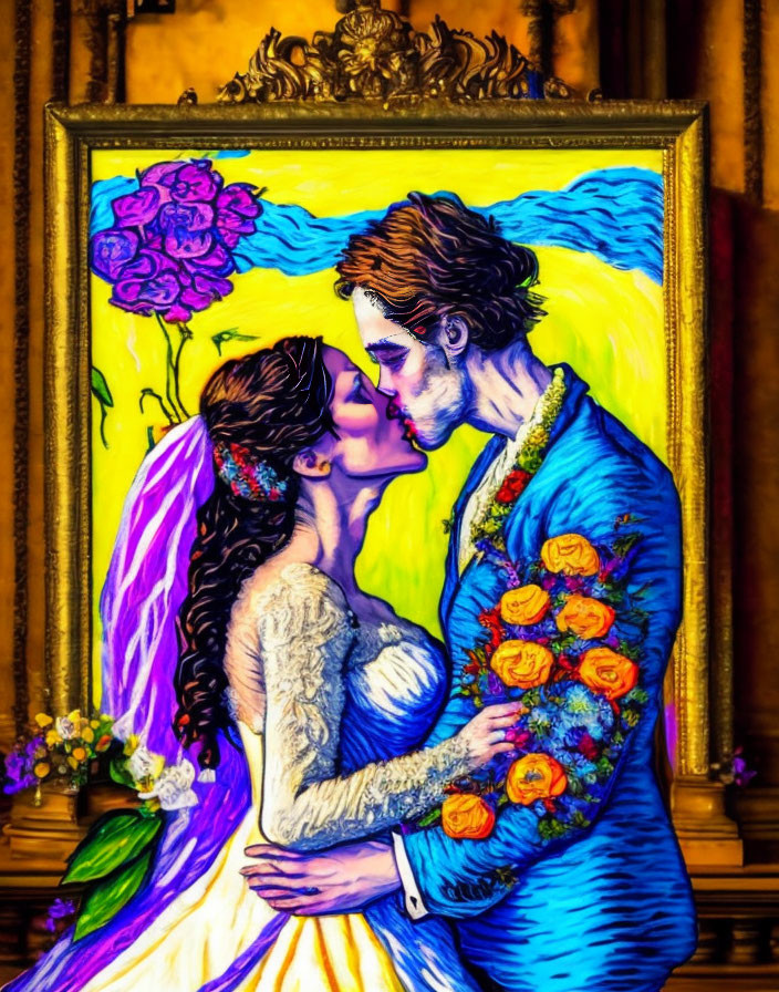 Colorful Wedding Couple Kiss Painting in Gold Ornate Frame