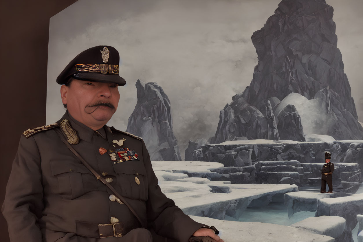 Military man with medals and icy landscape with mountains.