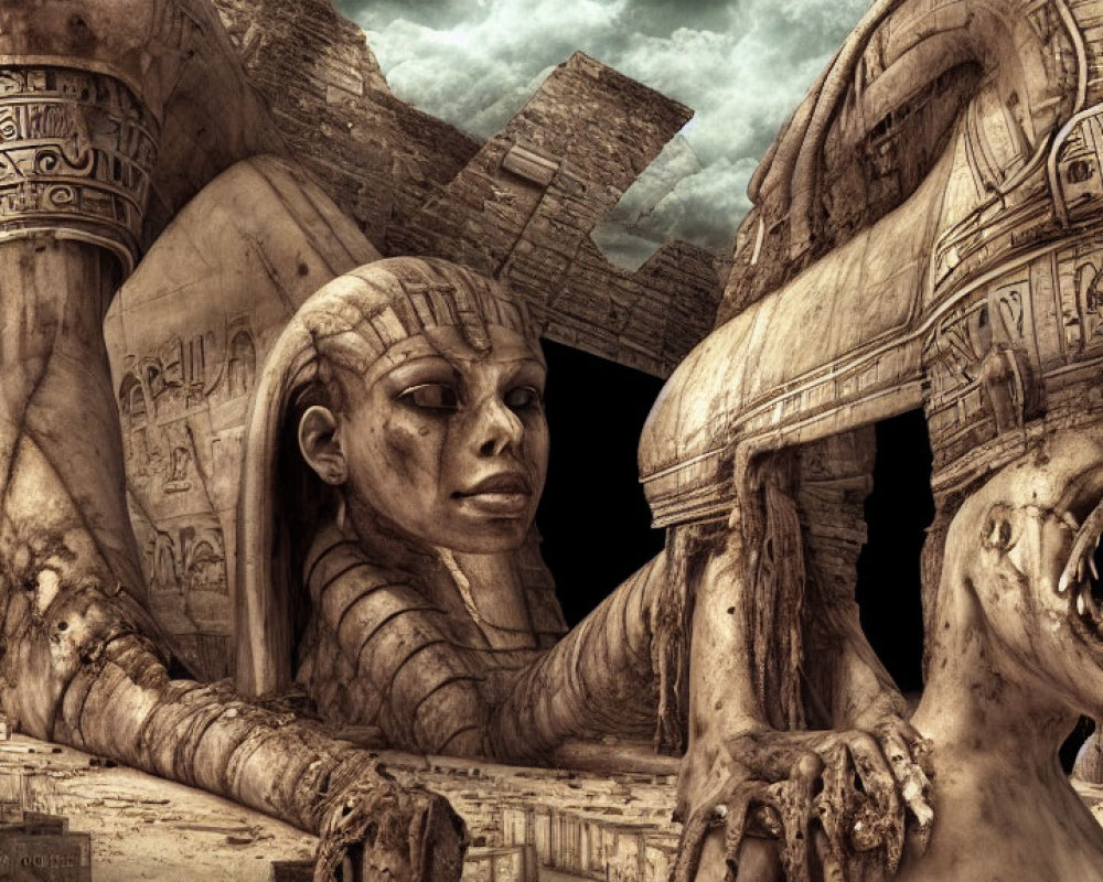 Surreal artwork: Ancient Egyptian statues with human faces and lion bodies in ruins