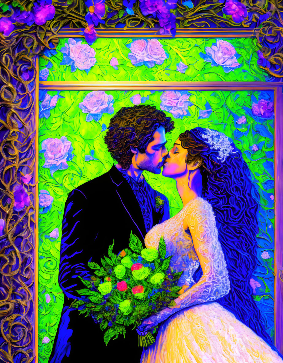 Colorful Wedding Couple Painting with Floral Patterns