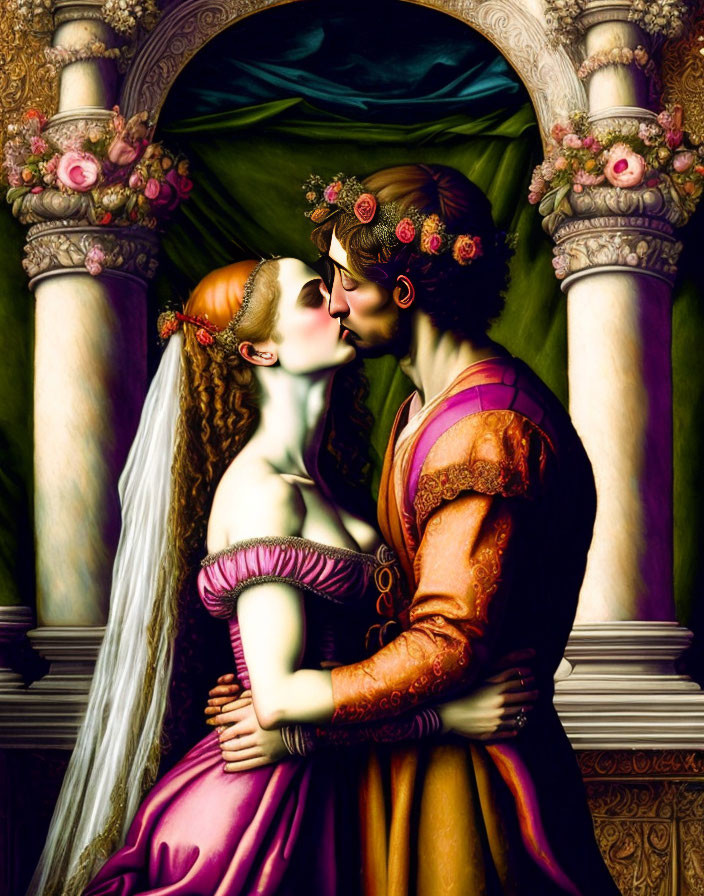 Renaissance-style dressed man and woman kissing in ornate setting