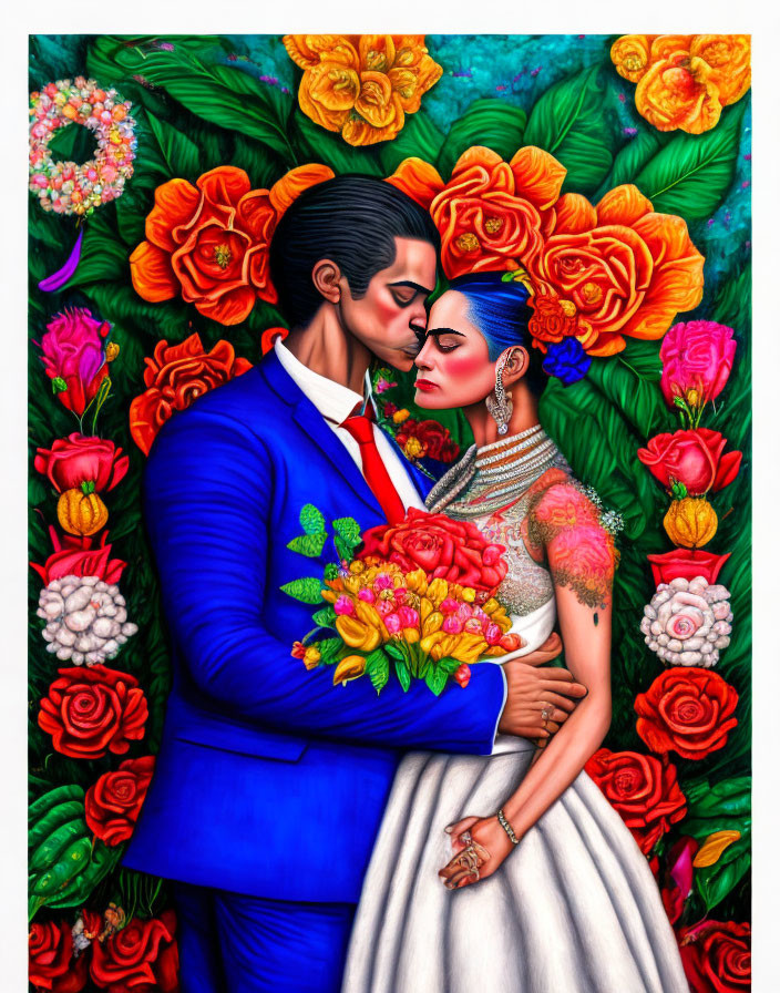 Colorful illustration: Couple embracing in floral setting with cultural attire.