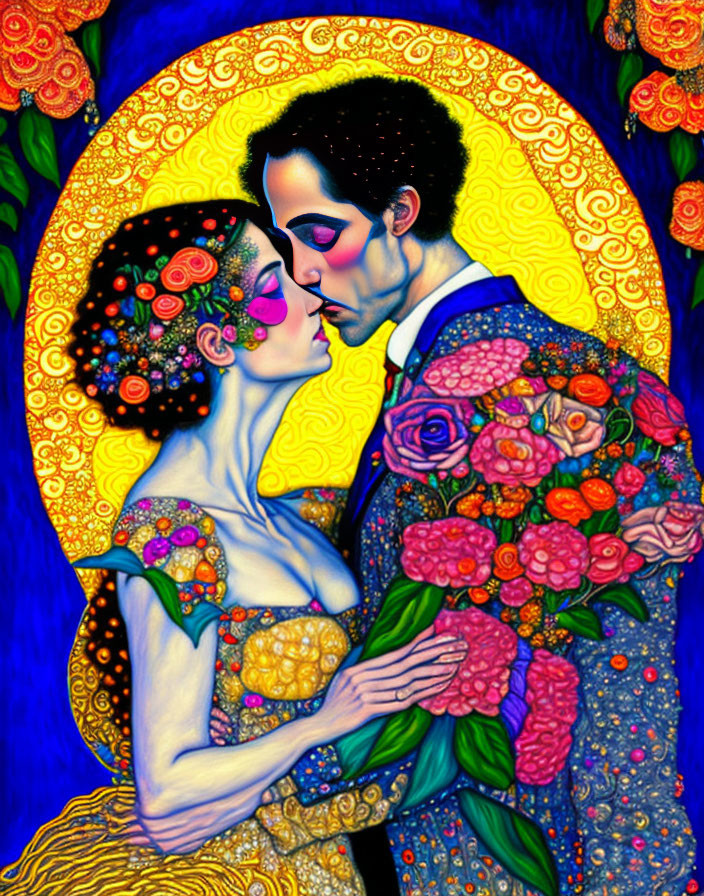 Stylized painting of embracing couple in floral patterns against gold-leafed backdrop