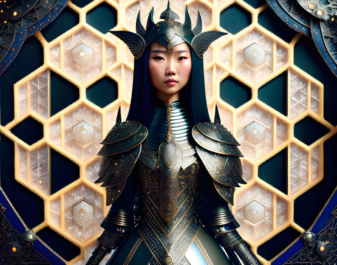 Fantasy armor-clad woman in ornate helmet amid intricate geometric patterns