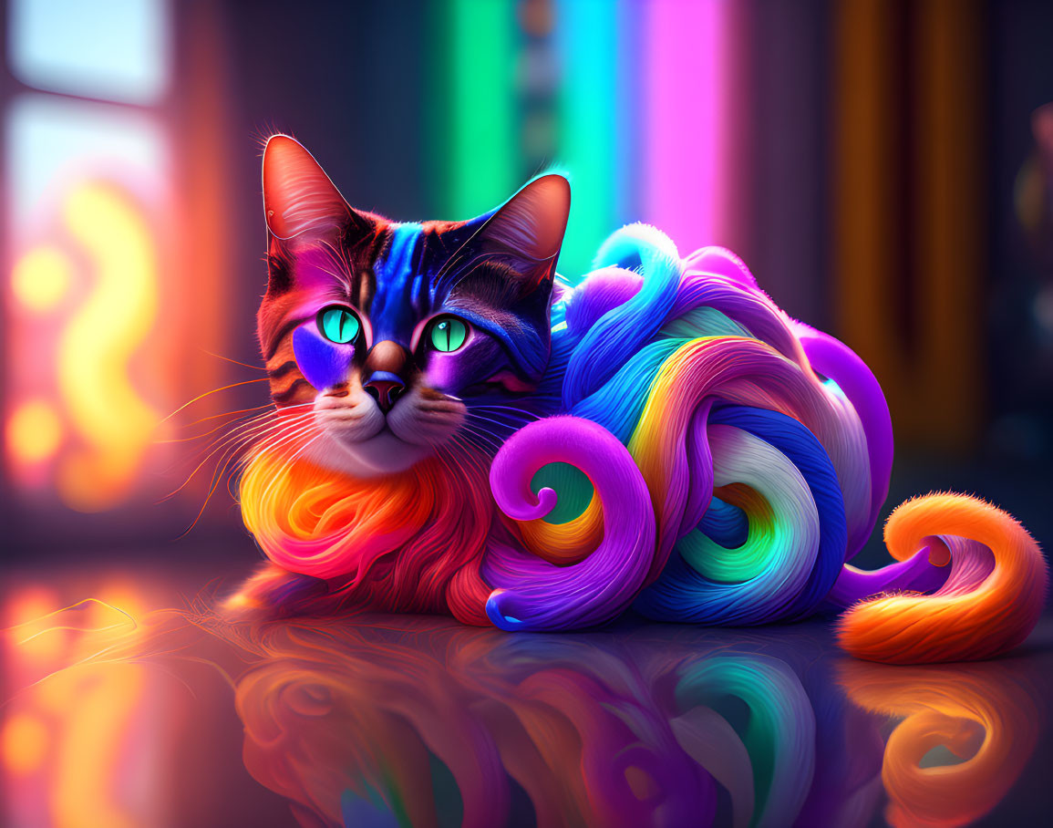 Colorful Cat with Rainbow Fur Pattern on Reflective Surface