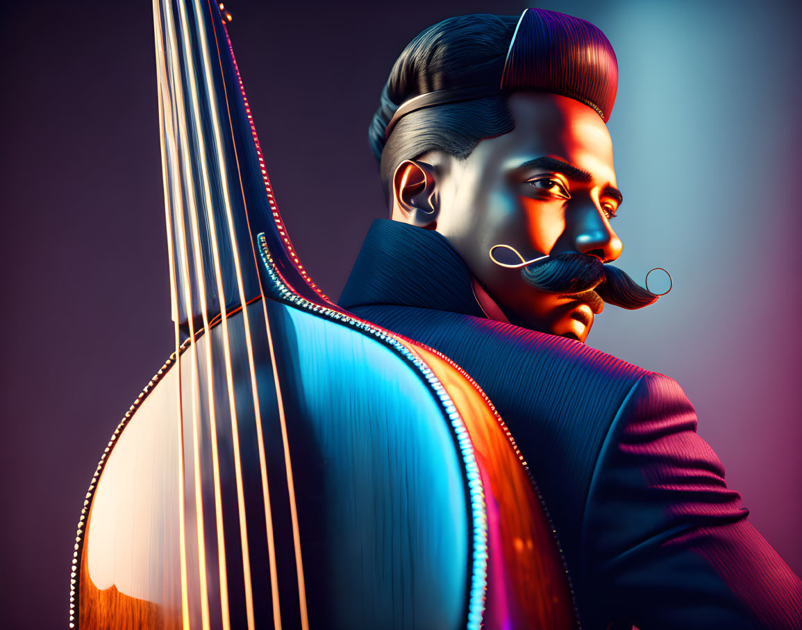 Man with waxed mustache merged with string instrument on colorful background.