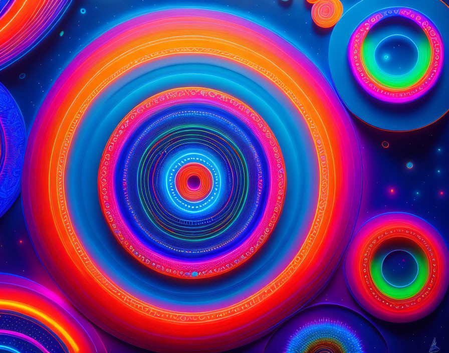 Colorful concentric circles in neon glow on cosmic background