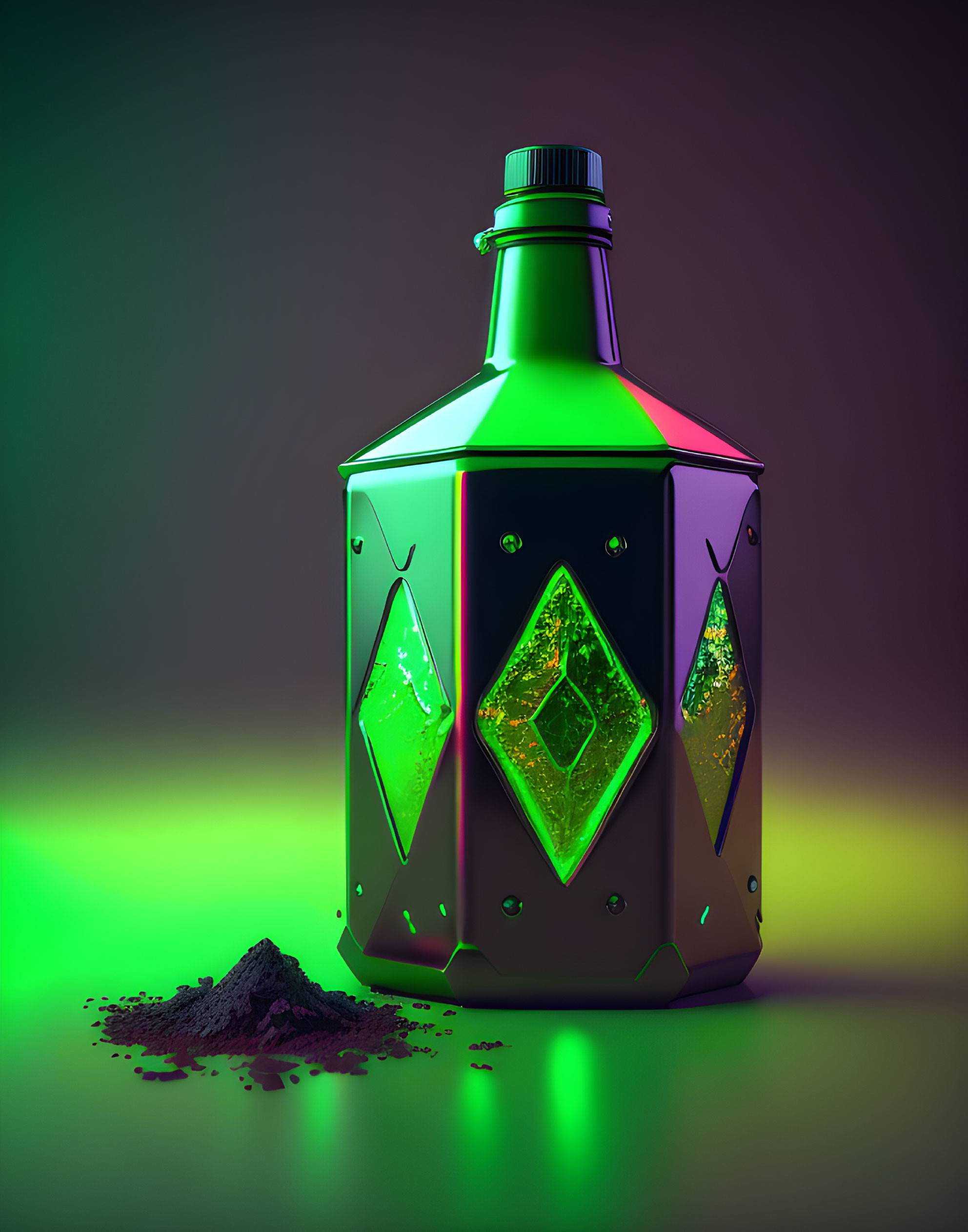 Hexagonal Bottle with Glowing Green Liquid and Mystical Ambiance