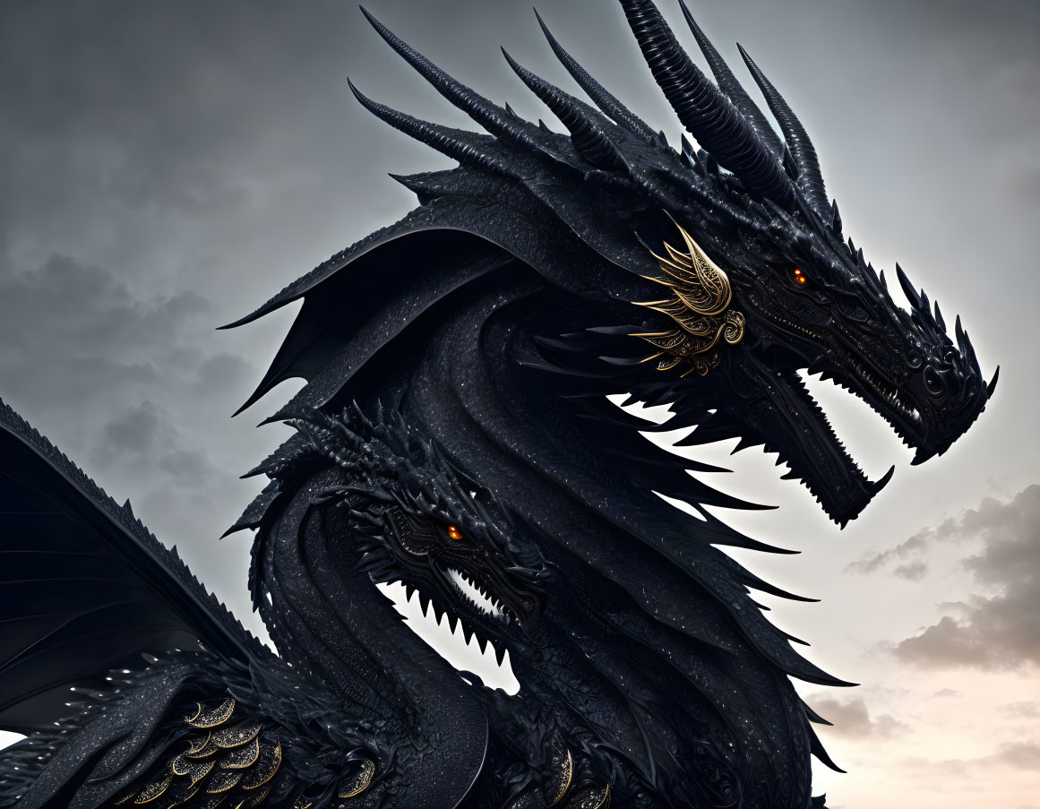 Detailed image of two black dragons with golden accents under a cloudy sky