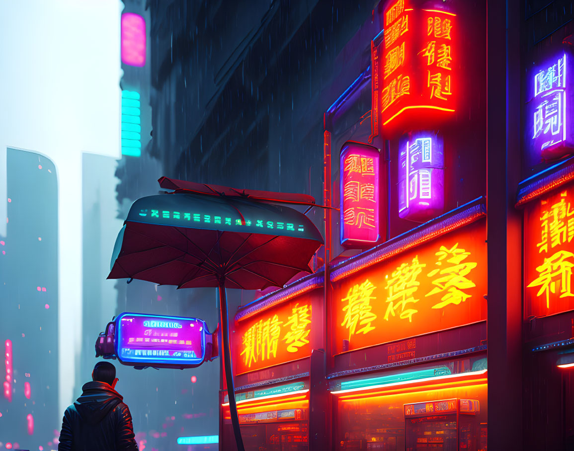 Solitary figure with red umbrella in neon-lit cityscape.