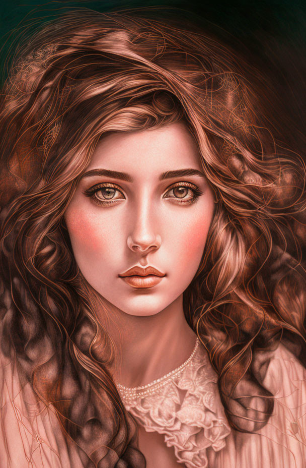 Digital portrait of woman with curly hair, green eyes, rosy cheeks, pearl necklace