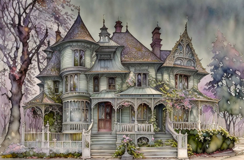 Victorian-style house with turrets and wrap-around porch in misty setting.