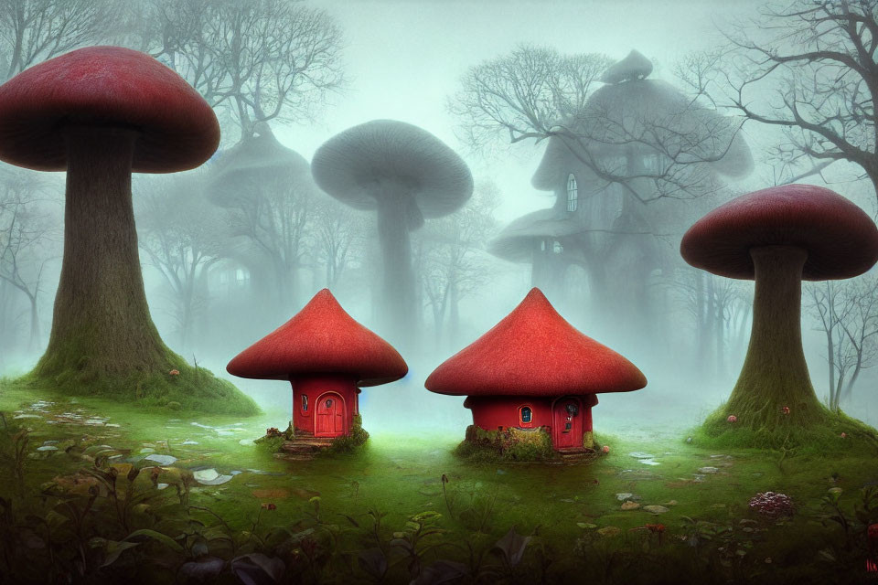 Mystical forest scene with oversized mushroom houses and misty ambiance