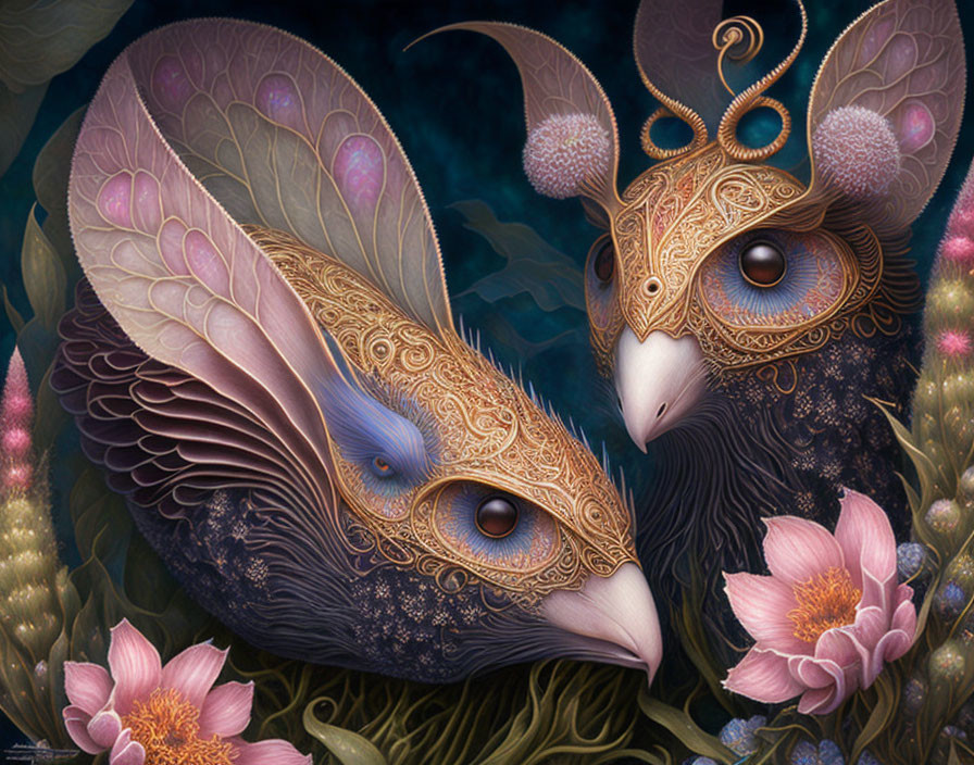 Stylized birds with intricate patterns in a floral night scene