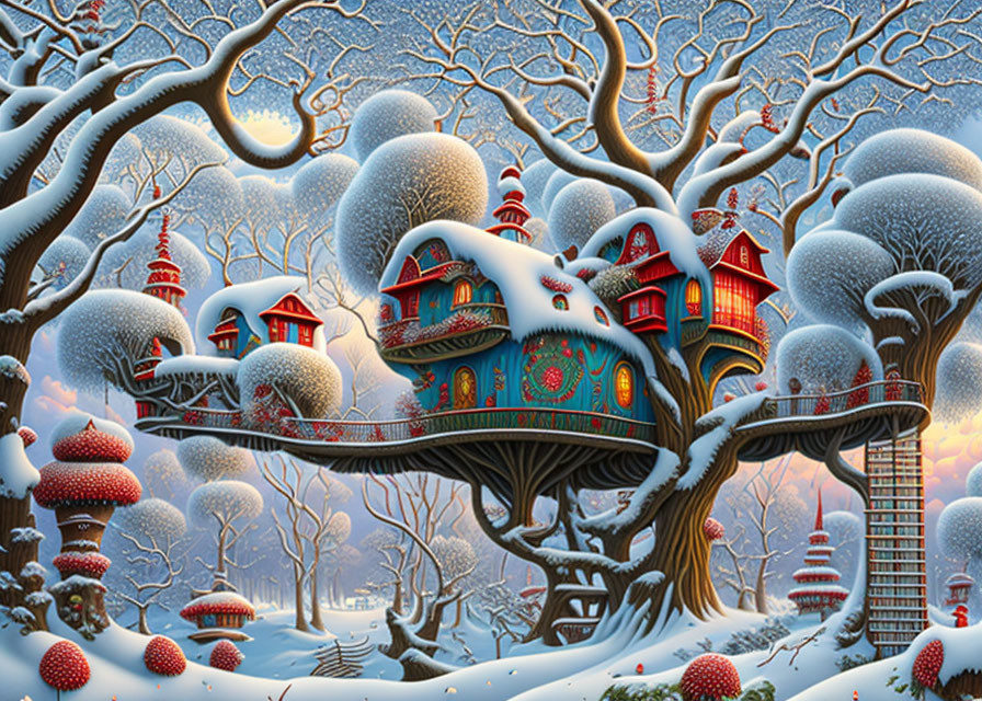 Snow-covered treehouse in enchanted forest with colorful decorations