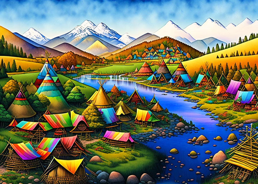 Vibrant village illustration with teepee-like structures near river