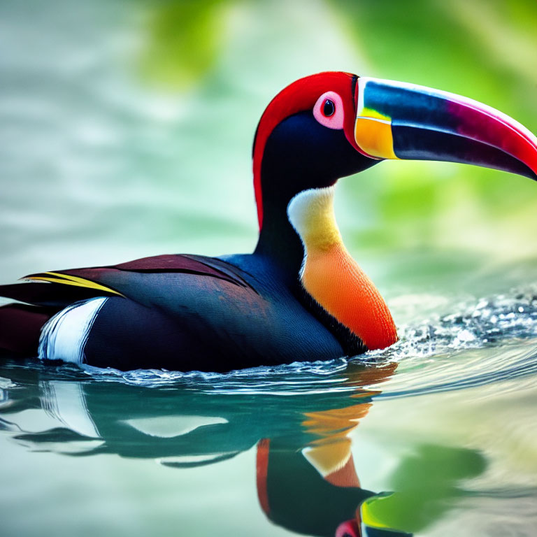 Colorful Toucan Swimming with Reflection in Water