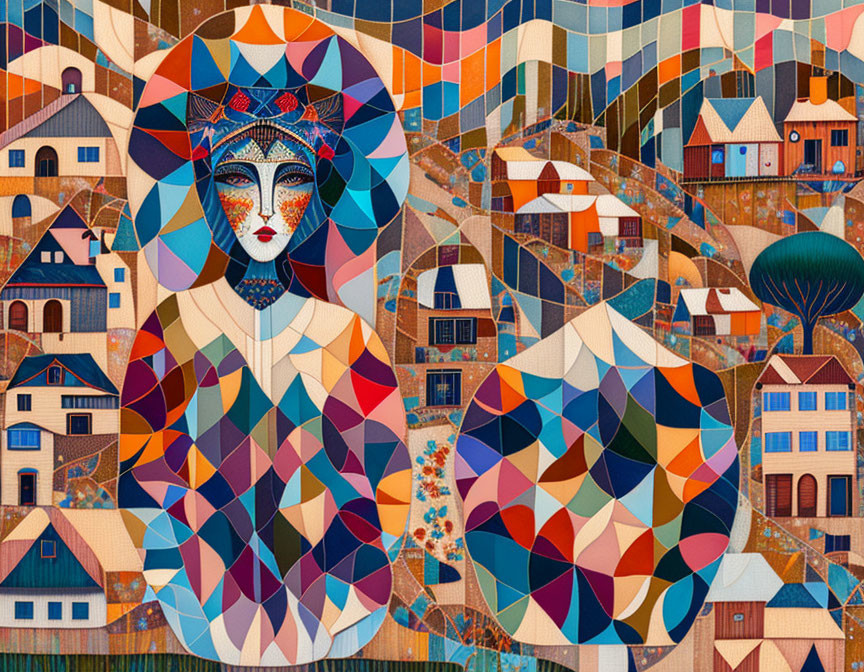 Colorful mosaic artwork featuring abstract female figures and geometric landscape