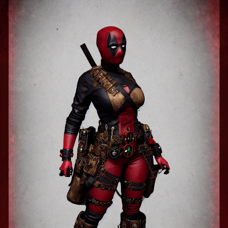 Cosplayer in red and black Deadpool costume with accessories.