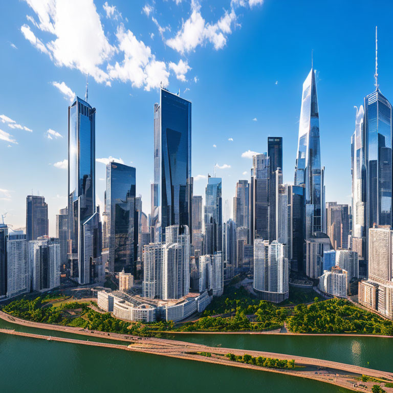 Modern city skyline with gleaming skyscrapers, waterfront, and green spaces.