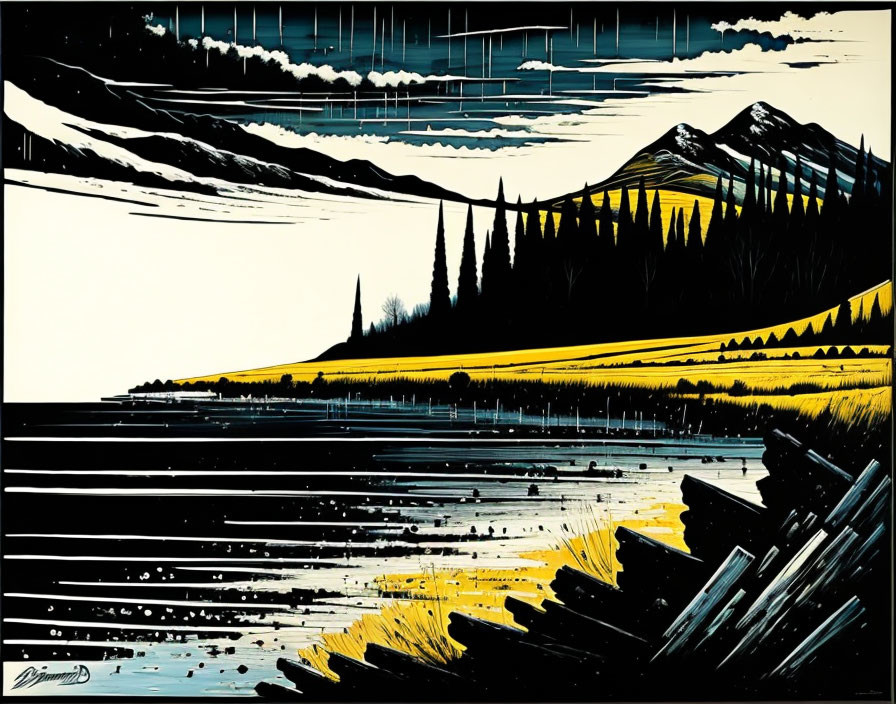 Landscape artwork: Mountains, trees, reflective lake in yellow, black, white