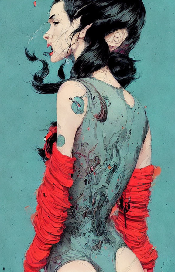 Profile view of woman with tattooed back in red fringed garment against teal background