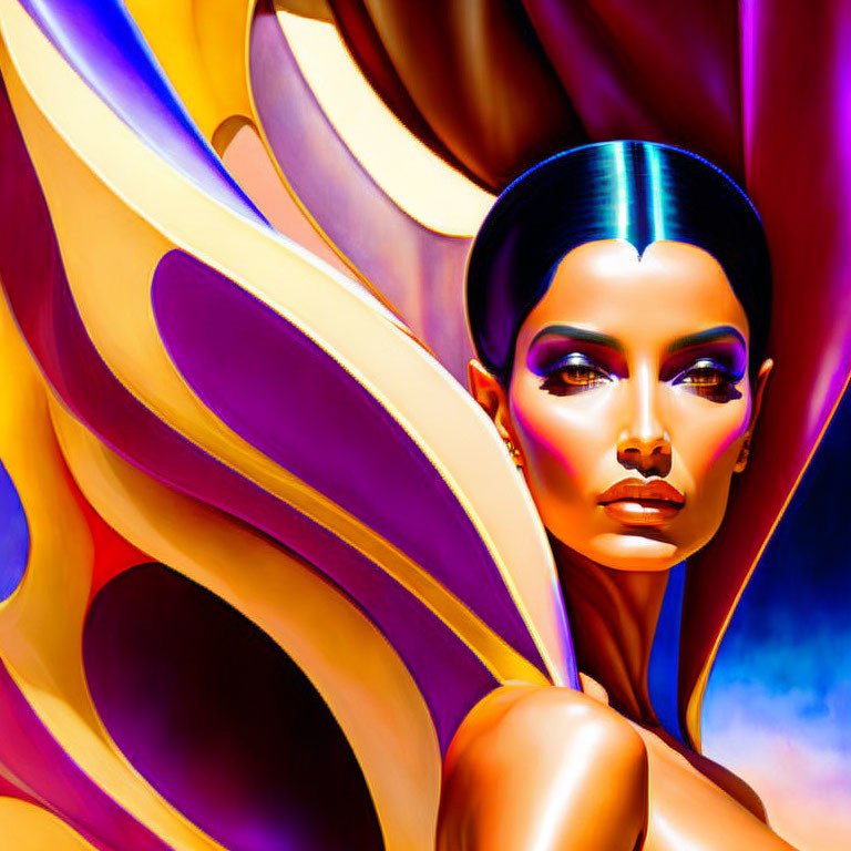 Sleek hair and bold makeup in vibrant purple and yellow swirls