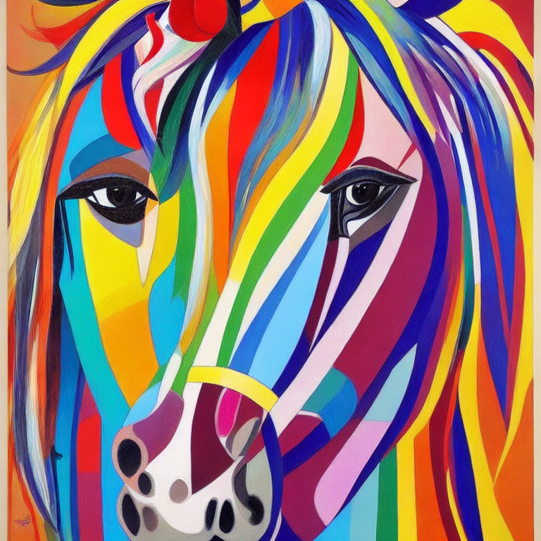 Abstract Rainbow Striped Horse Painting with Soulful Eyes