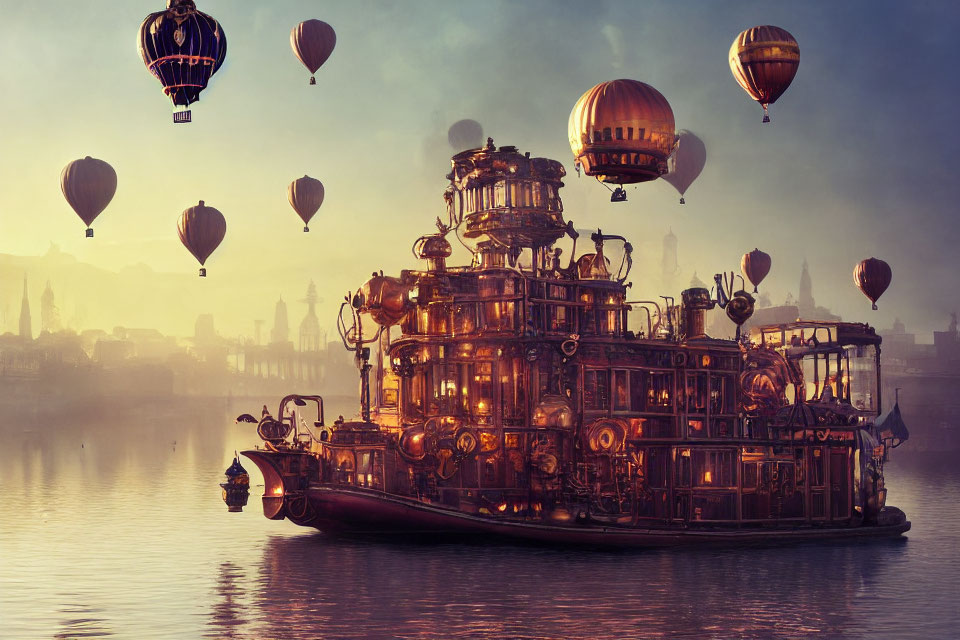 Steampunk ship with gears and hot air balloons on misty dawn sky