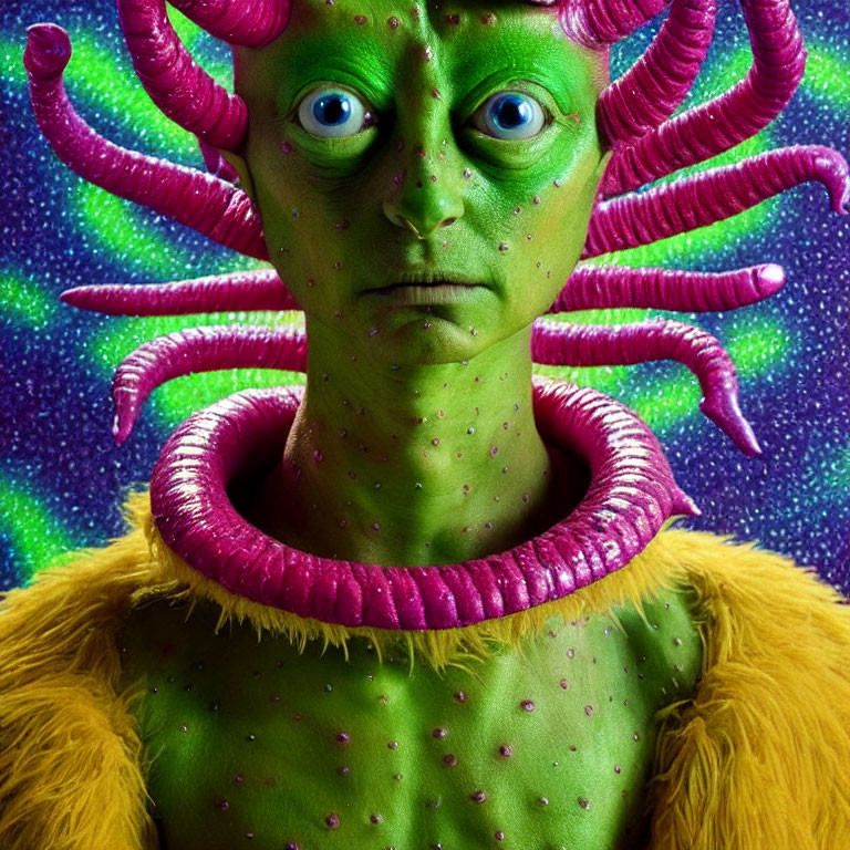 Colorful Costumed Character with Green Skin and Purple Tentacles on Starry Background