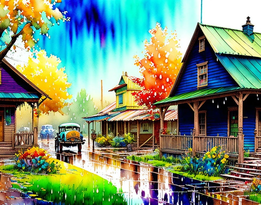 Vibrant painting of traditional houses and classic car