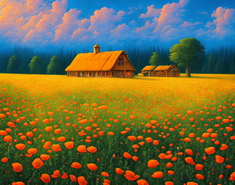 Scenic orange poppy field with rustic house under cloudy dusk sky