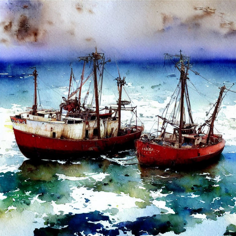 Rustic fishing boats on choppy sea in vibrant watercolor