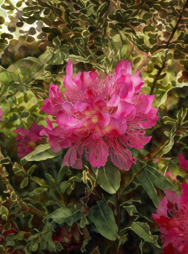 Pink Azalea Bloom with Intricate Details in Lush Green Foliage