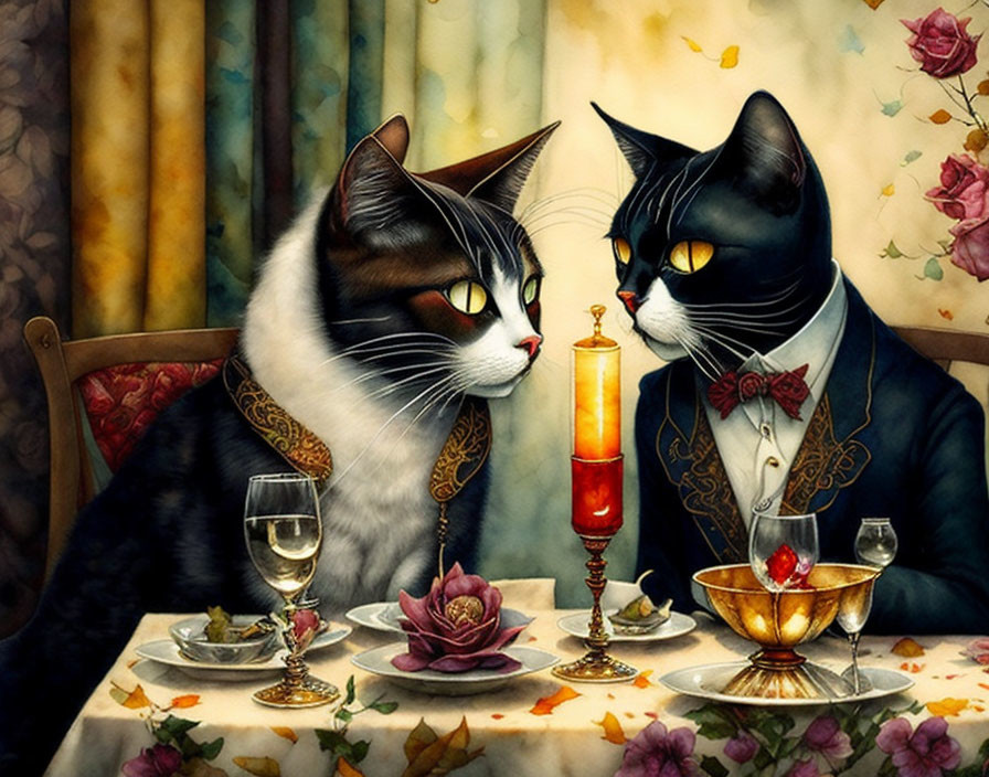 Anthropomorphic cats in elegant attire dining at a beautifully set table