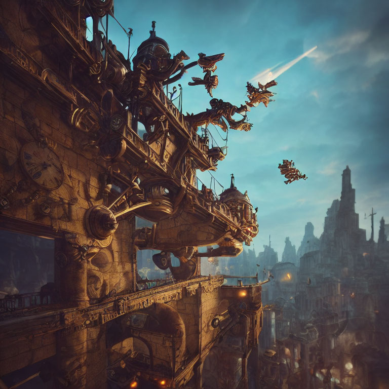 Detailed steampunk cityscape with flying machines and comet in hazy blue sky