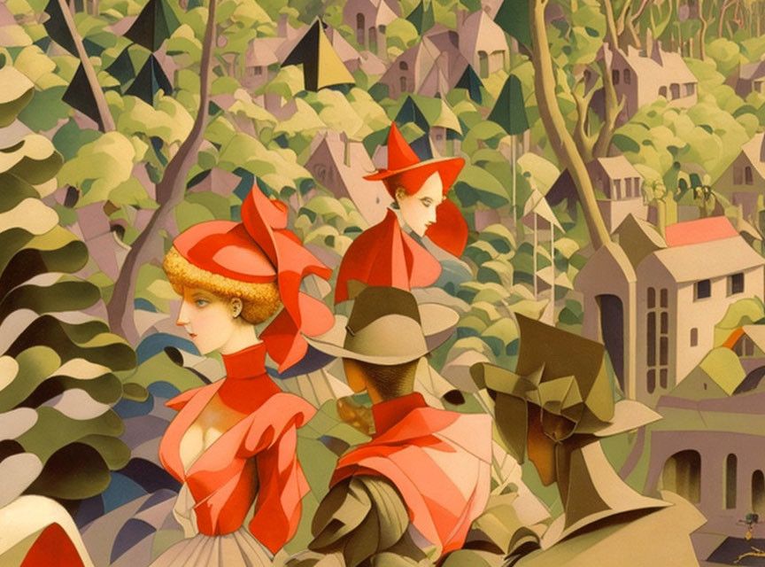 Colorful individuals in stylized outfits against green backdrop.