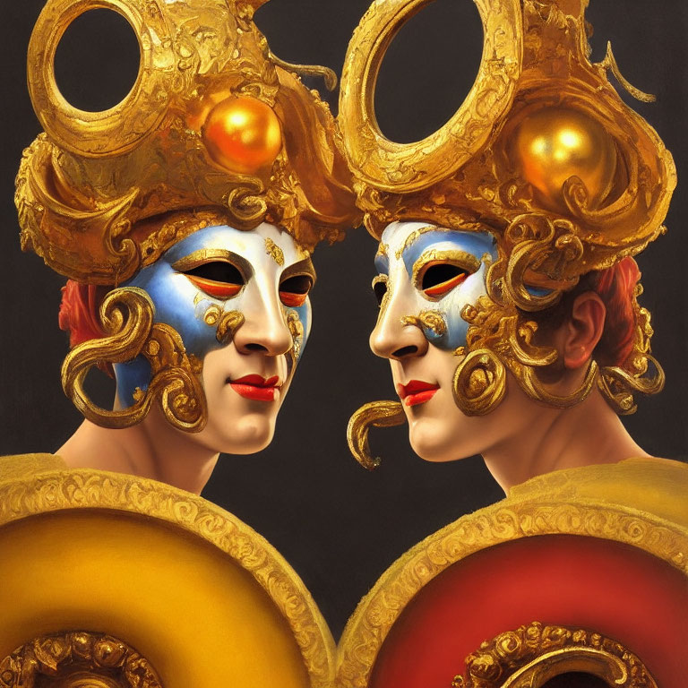 Two individuals in elaborate golden Venetian masks on dark backdrop