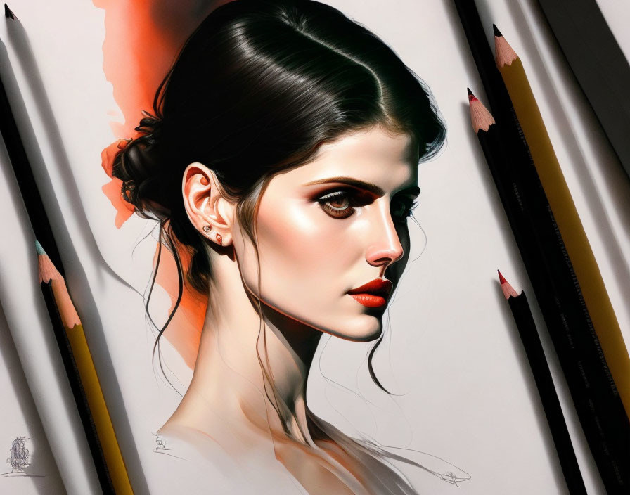 Hyper-realistic digital illustration of a woman with red lips and dark hair, surrounded by pencils on white