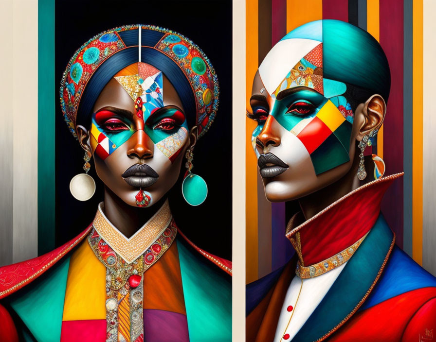 Colorful African-inspired geometric makeup on stylized women in vibrant portraits